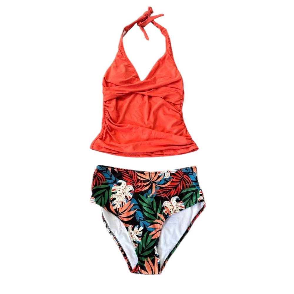 Tropical Halter Bikini Set in Orange & Leaf Print-Size Medium - New Without Tags
